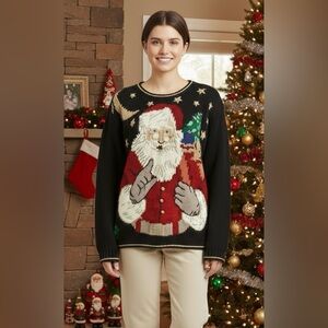 Hampshire Studio Beautifully Detailed Ugly Christmas Sweater Santa Claus Sz S